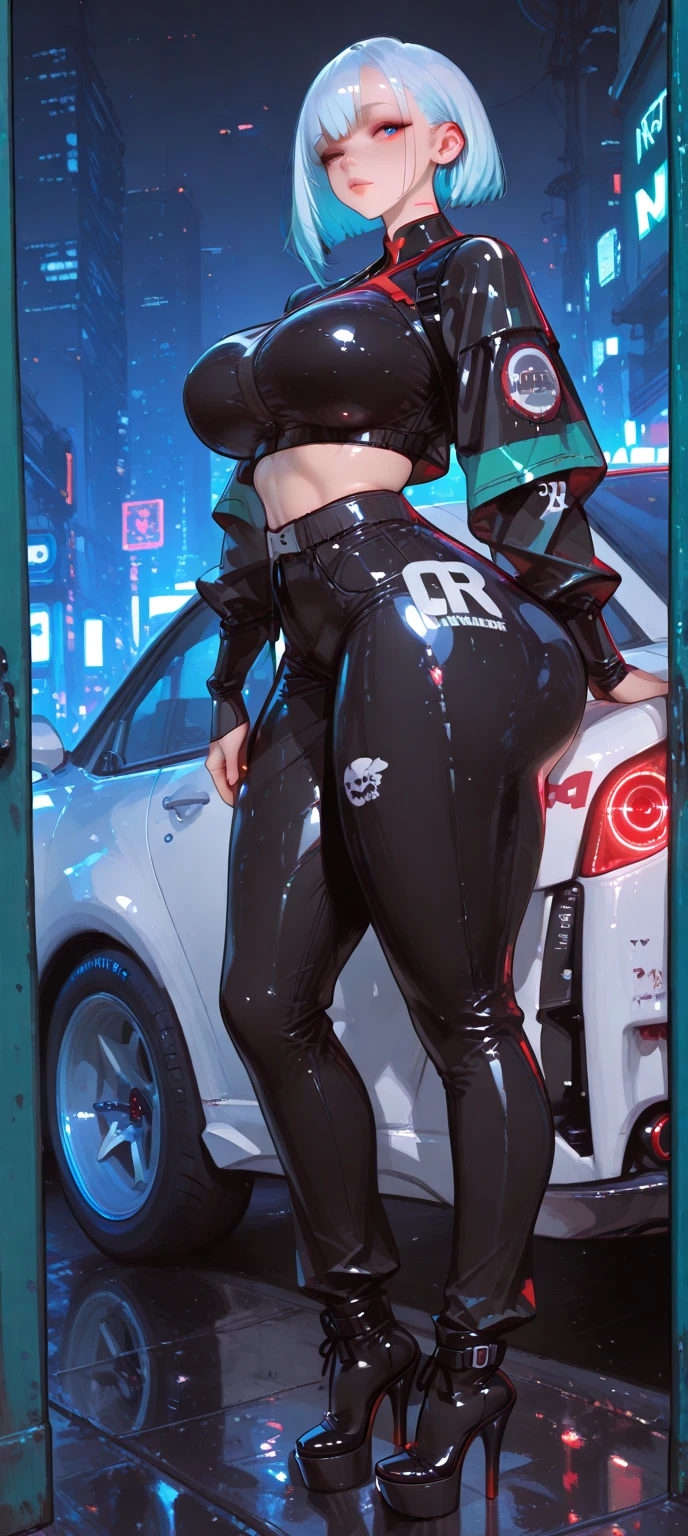 Beautiful cybernetic girl looking at camera underwear detailed muscles realistic masterpiece gigantic breasts, hardnipples protruding, areolas indentation, camel toe, hentai, Ecchi, sexscene, attractive half Mexican half Korean girl, young sexy cyborg ta girl, perfect ass, shot from behind, perfect legs, perfect arms perfect eyes