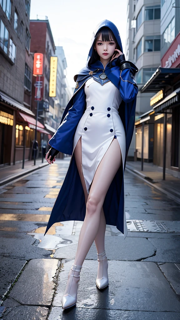 South korea asssassin's creed walk women mystery hooded on with modern royal Blue coat with long and wide sleeves with buttons and royal Blue cape and very high white heel over the knee and white gloves, As she reveals a small secret hidden blade coming from his palm , adding to the characters mysterious, with small movements of air on the cape, in summer at night under the rain, with buildings featuring curved eaves and detailed architecture. sophisticated and highly detailed, ultra hd, realistic, hyper detailed, enhanced colours, ultra sharp focus, with vibrant, rich in details High quality, gorgeous, captivating, 8k, super detailed, stunning shadows, detailed lines, blood stain on coat and gloves, corpses in the street recently murdered
