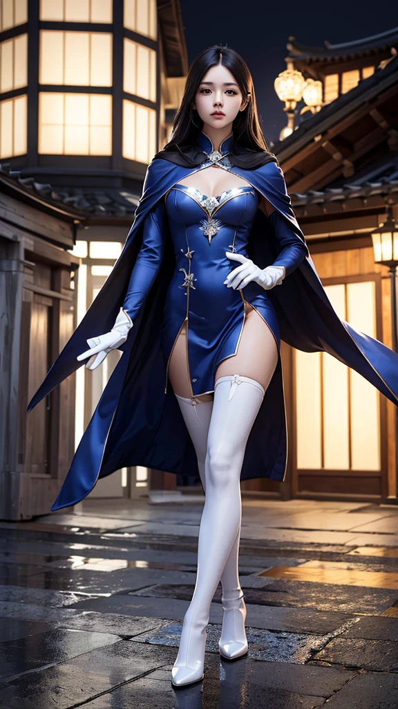 DLDL water ice tray, 1 girl, alone, blue hair, blue eyes,skirt,Single thigh high,thigh strap,long sleeves,Clothes tailoring, Capulet, Gloves, looking at the audience, city View, night, sensual female, hands on hips, Big breasts,big breasts,Show breasts,exposing her chest
