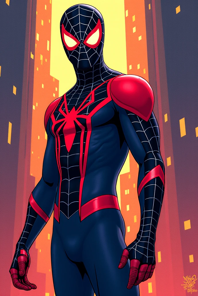 Although he is a Mexican teenager, his attractive face cannot be appreciated due to his mask, the entire body of a young man is realistic, metallic colors, black and orange suit, massive muscular and toned prominent pectorals and abdominals, 157 kg, bulge, big bulge in his crotch. Super Hero Heineken Men's Action Spider-man Amazing Movie Highly Detailed Artwork Detailed Faces Detailed Suit Cgi 8k Resolution
