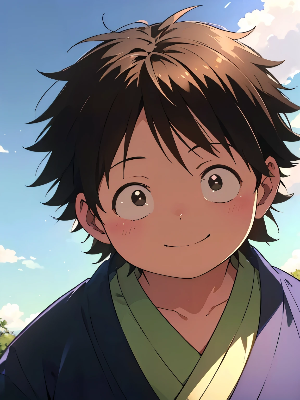a painting portrait of boy ((smiling)) in manhwa style, [Haruyuki Arita] is a boy from [Accel World] that has brown short hair in spiky hair style, ((black eyes)), ((spring)), warm day, ((BLACK EYES)), ((ager)), (fat), ((kimono), dutch angle, outdoor, warm day, konohagakure, shonen style
