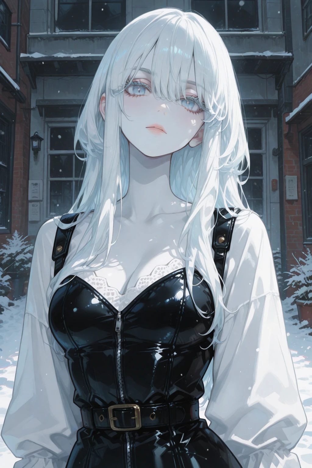 Masterpiece, Best Quality, (perfect anatomy,realist:1.3, view from front,  facial focus,(without looking at the viewer:1.2),  (1 girl in:1), 1 woman, (big breasts:1.2), sexy body, thin waist, Attractive front curves, round and soft chest, disgusted face,  (black fur:1.6, long hair), evening, Heavy Rain, exterior, City, crop top, he wears transparent glasses, choker 1:6, (White long sleeve collar shirt:1.4), (corset　black leather), black gloves covering up to the elbow, (shiny black leggings), blood stains, snowy dark forest, snow, night sky, Atmosphere, perfect hands
