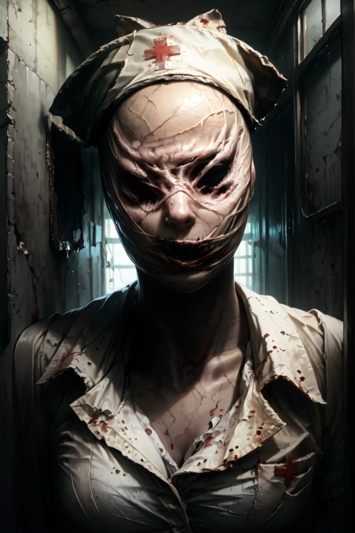Silent Hill, Nurse, dilapidated, blood, surreal, hospital hall background, sexy, seductive, high detail, masterpiece.