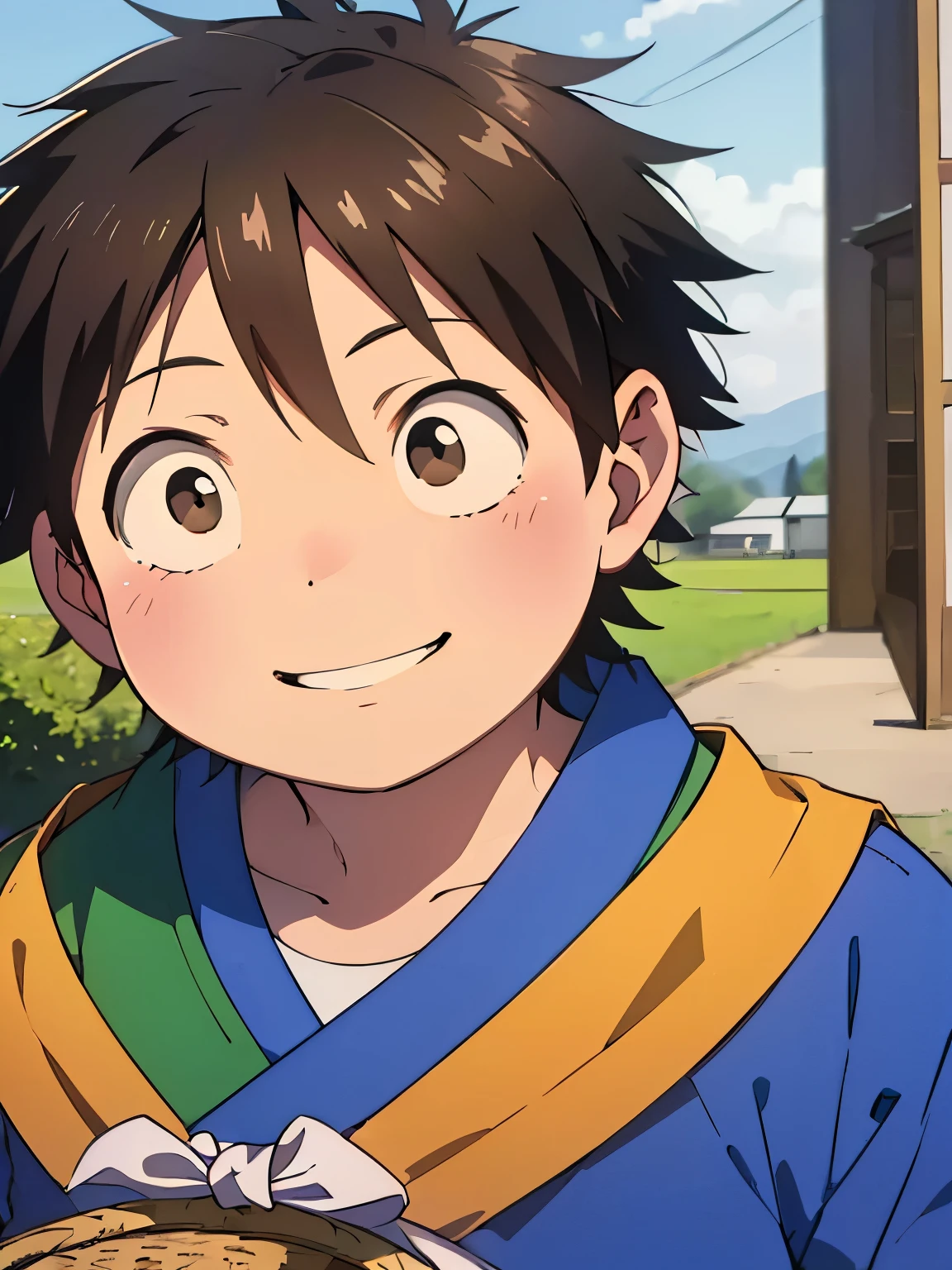 a painting portrait of boy ((smiling)) in manhwa style, [Haruyuki Arita] is a boy from [Accel World] that has brown short hair in spiky hair style, ((black eyes)), ((spring)), warm day, ((BLACK EYES)), ((ager)), (fat), ((kimono), dutch angle, outdoor, warm day, shonen style, holding a basket on his shoulder, big green field, ((solo)), high definition, masterpiece, best quality, ((high detailed eyes)), grain filter
