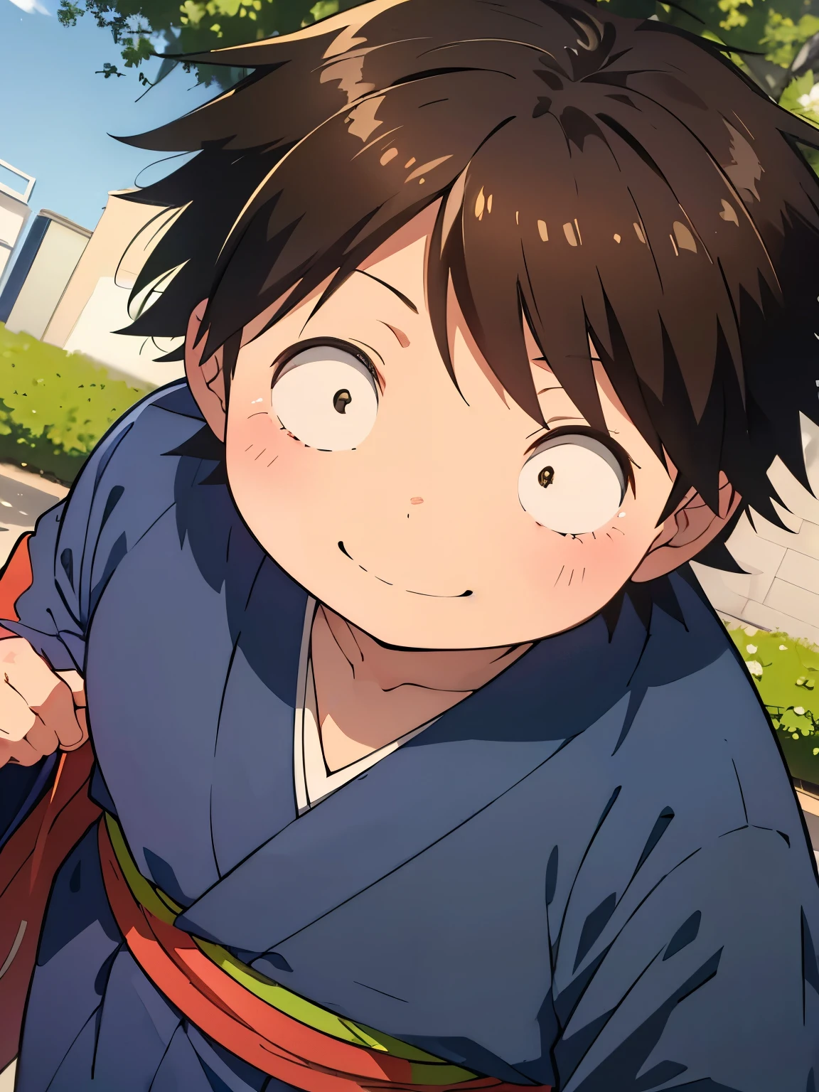 a painting portrait of boy ((smiling)) in manhwa style, [Haruyuki Arita] is a boy from [Accel World] that has brown short hair in spiky hair style, ((black eyes)), ((spring)), warm day, ((BLACK EYES)), ((ager)), (fat), ((kimono), dutch angle, outdoor, warm day, konohagakure, shonen style
