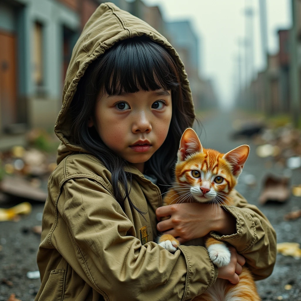 (Umbrella, rain), Encountering after the rain, the drizzle has just stopped. On the wet slate road, a young girl squats down and gently caresses a suddenly appearing kitten. Its wet hair gradually dries out, and its eyes show gratitude and dependence, (Photography), award-winning, cinematic still, emotional, vignette, dynamic, vivid, (masterpiece, best quality, Professional, perfect composition, very aesthetic, absurdres, ultra-detailed, intricate details:1.3)