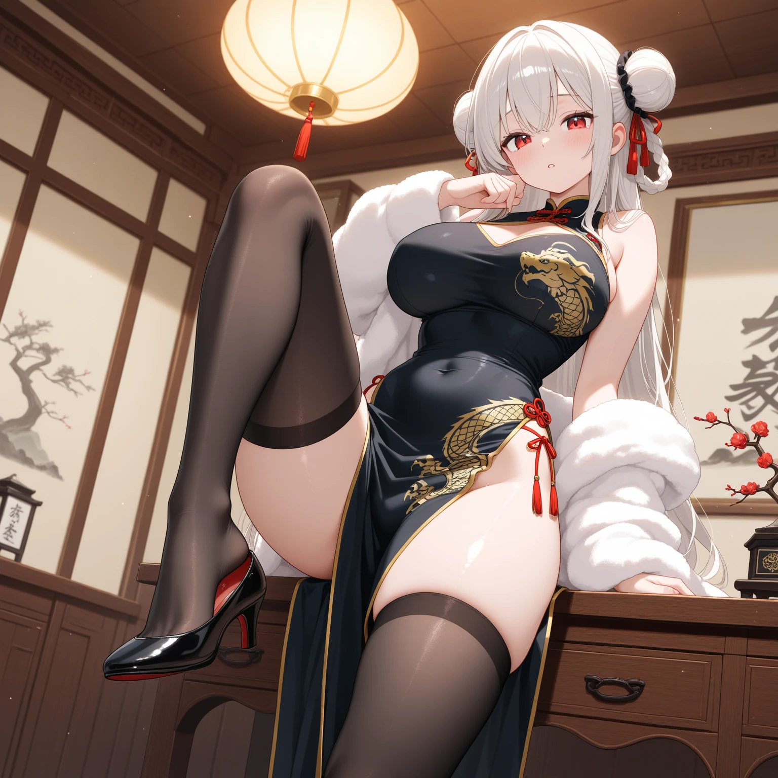 (from side:1.3),side view,masterpiece,best quality,extremely detailed,full body,1girl,Sesshoumaru,sesshoumaru,mature female,detailed beautiful eyes,(scornful eyes),yellow eyes,parted bangs,pointy ears,white hair,very long hair,red facial mark,forehead mark,alternate costume,arm at side,blush,breasts,china dress,chinese clothes,curvy,dress,elbow gloves,bare shoulder,floral print,gloves,(blue and white porcelain gorgeous qipao,blue and white china dress,blue and white chinese clothes,blue and white dress),a china cup,hand up,gigantic breasts,hip vent,holding a china cup,print dress,indoors,(teahouse),holding,red lips,looking at viewer,parted bangs,sleeveless,solo,thick thighs,upturned eyes,5 toes,white thighhighs,wide hips,solo,sitting,leg lift,thick thighs,upturned eyes,white thighhighs,wide hips,
