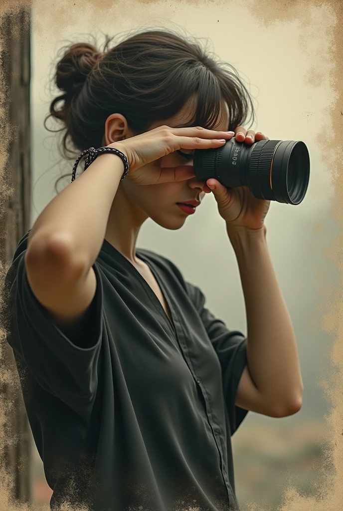 Girl, wearing sunglasses, army green clothes, holding a DSLR camera