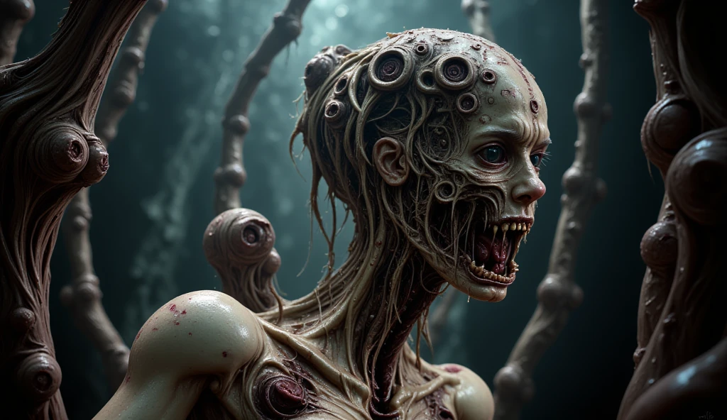 True death, death invarnate,rotting skin, rotting flesh, realistic skeletal face, undead head, gorgeous seductive body, seductive pose, unborn fetus