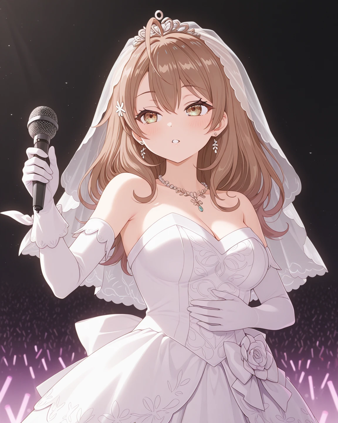 (Evening Dresses), (Holding up the trophy:1.5), Background is the stage, Misaka Mikoto, 1girl, black choker, uhd, retina, masterpiece, ccurate, anatomically correct, textured skin, super detail, high details, high quality, best quality, highres, 4K