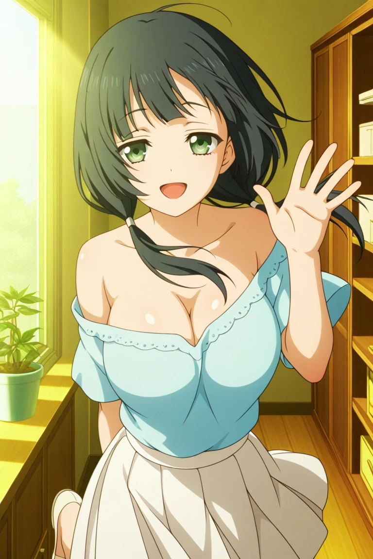living room, bench, window, curtain, Dappled sunlight, Potted plants, table, cabinet,bookshelf, Paper, desk lamp, typewriter, girl sitting on the sofa (Large Breasts:1.0), (Large areola:1), , (Pure face_V1:0.5) blush