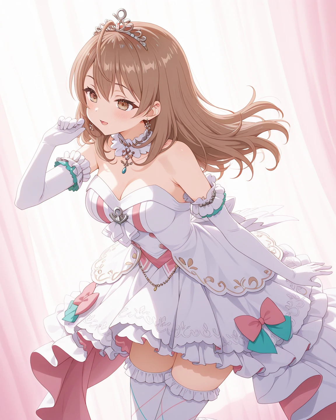 (2 young girls with long hair, Beautiful face and eyes and eyeliner,A delicate little face, pink eyes, Charming smile, (Maid cafe outfit with frilly, Sheer pleated mini skirt:1.5), Skirt turned inside out,(Transparent maid cafe costume with large open breasts and hollow:1.2), Sexy transparent underwear,Underwear turned inside out,Show belly button, Revealing sexy transparent white panties (very pretty girl), brown hair, Fashion hair accessories quality:1.4), (Extremely detailed),Pendants and earrings、 (Extremely detailed CG unified 8k wallpaper), Very detailed, High-resolution original color photos, Professional photography, Depth of Field, (Lying in bed)