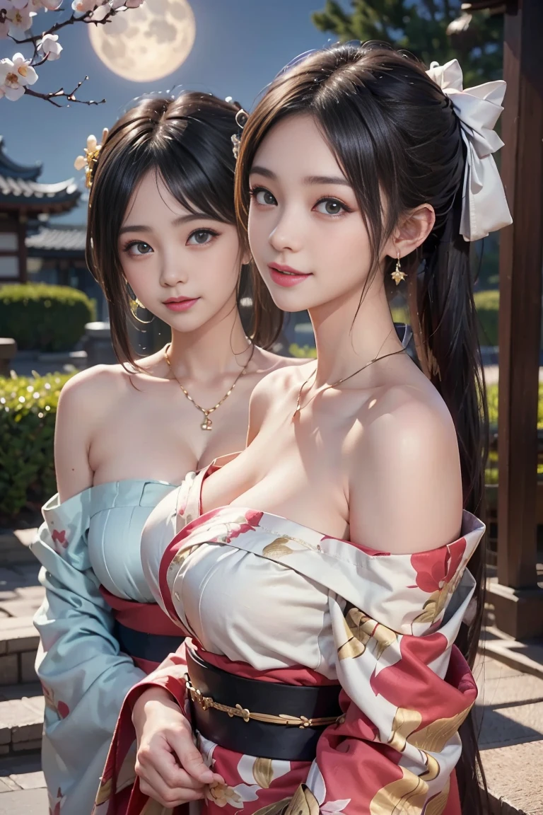 (top-quality)、 (masterpiece)、(Professional lighting with fewer shadows)、 (A hyper-realistic)、 (perfect anatomia)、 (In front of the camera、There are two women), ( Huge breasts:1.5), (Bright and even whitening skin without wrinkles and steps), (Beautiful blue eyes with long eyelashes and red tear bags)、 (Her costume is naked, however, Only sailor collars with crimson scarf ties will be worn:1.5), (Two people are surrounded by flowers, Face the front in front of the camera、stick out chest:1.5), (Another person on the other side、Stick your huge ass back with your back turned), (A face beautiful in every detail is full of smiles),