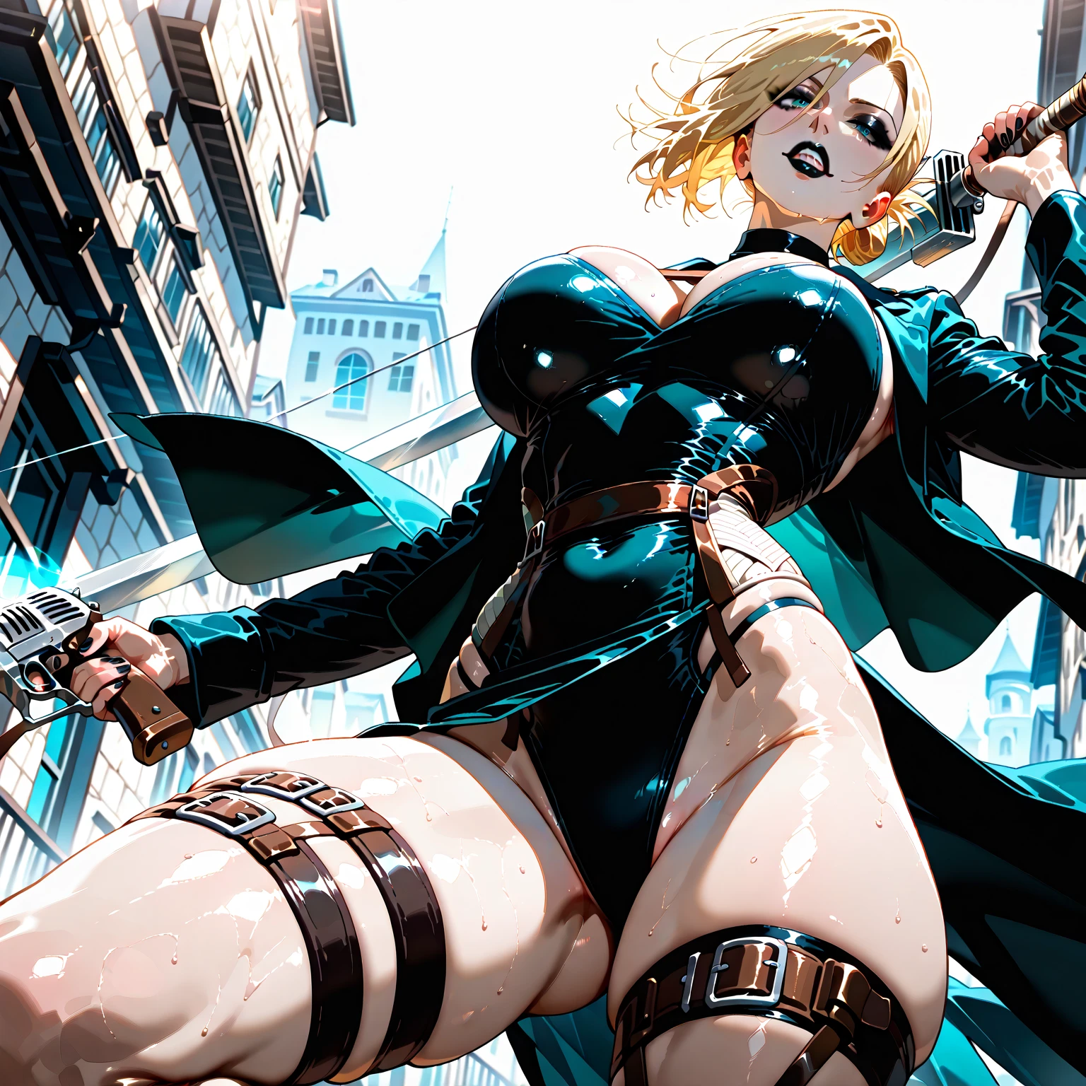 Masterpiece, best quality, Masterpiece, best quality, 1 woman , blue eyes , yellow ponytail , black leather jacket , sly face , smile , bikini , abdomen, big breasts , Long legs , glove , boots , hands on hips , abandoned factory , at night