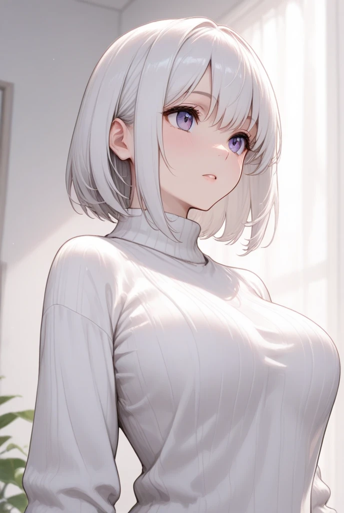 Mommy short messy gray hair with turtleneck sweater with bra very beautiful and very pretty