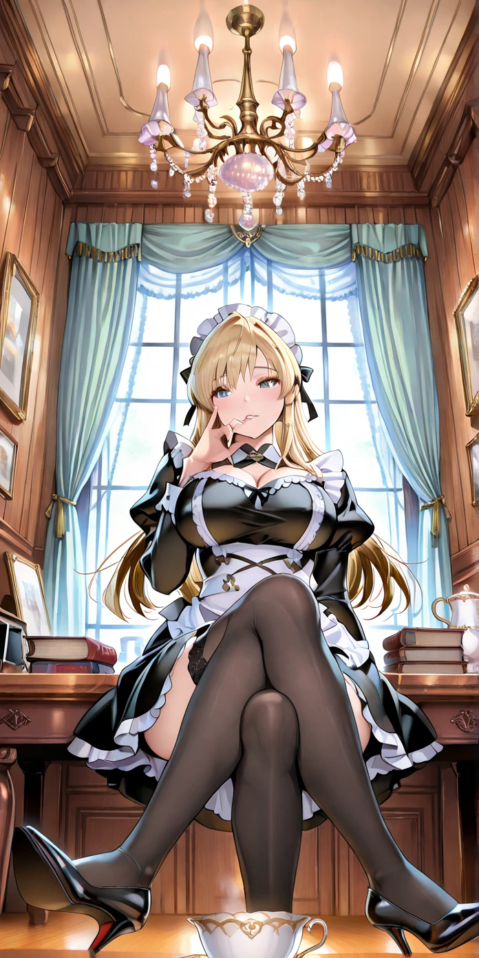 (masterpiece, best quality), 1 Girl,, Large Breasts, [Close-up cleavage]]]]Huge sagging breasts,cleveage, The chest is more exposed,   Maid headdress, maid outfit, Black gloves, Black over-the-knee stockings, High heel