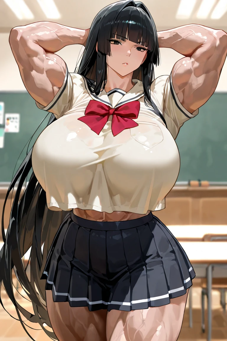 Muscular busty teen young Jenna Ortega soft smiling, huge strong biceps, tonned strong abs, huge round boobs, enormous firm tits, hyper muscular, bodybuilder muscles, bursting in strength, large hips, japanese school tie uniform clothes