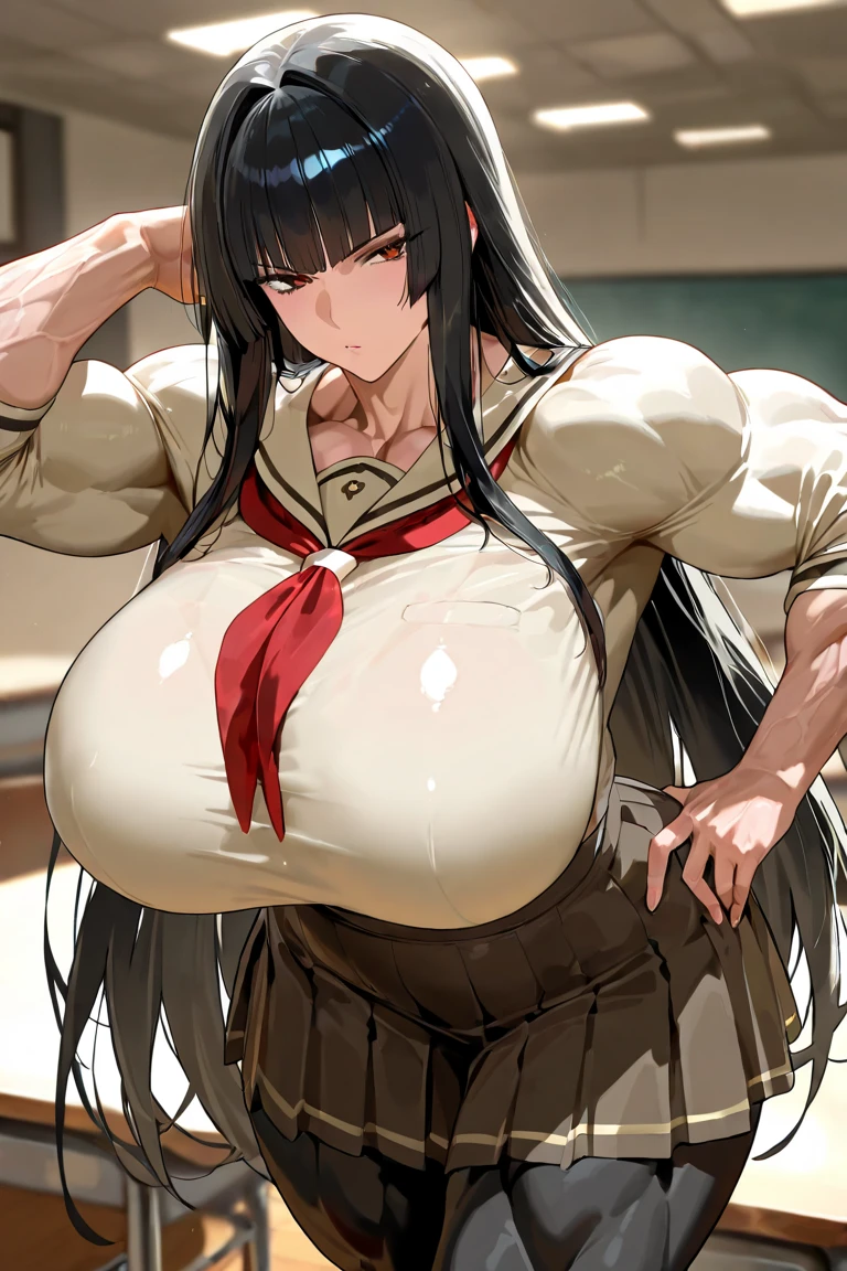 Best quality,8K,ultra high res:1.5),(Pretty very very long ponytail hair tied with red ribbon girl),(Huge breasts:1.20),(very voluptuous body),(very voluptuous thigh),(body builder girl:1.5),(wide muscle:1.8),(light smile),(eyes to camera),(light black hair),(red bra),(red short skirt),(nipples),(sexy abdominal muscles),(standing view),(black shoes),(nipples),(naked)