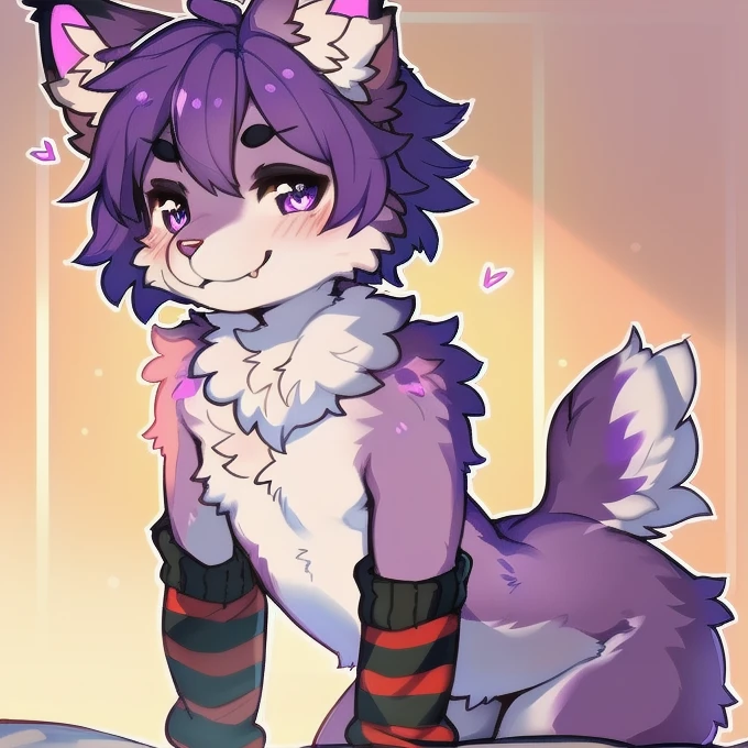 Furry male, eyeliner, eyelashes, (((black eyeshadow))), ((male focus)), lynx, (((purple fur))), (purple hair), furry, cute fangs, cute, medium hair, furry, anime style, fluff, fluffy, thuft, disheveled, realistic fur, detailed, detailed shadows, cheeks fluff, ((fullrender)), (((neck fluff))), <3 eyes, icon portrait, avatar icon, only face, smug face, ((super fluffy)), (upper body), one fang, ((shoulder fluff)), ((shoulder tuft)), ((hairy body)), (((fluffy body))), (((furry body))), thicc thighs, detailed hands, yiffy, teasing face, ((bedroom background)), (((kemono))), ((leg warmers)), ((arm warmers)), upper body, seductive pose, solo focus, ((by jinxit)), pawpads, claws, Bulge, thong, ((hoodie)), black clothes,