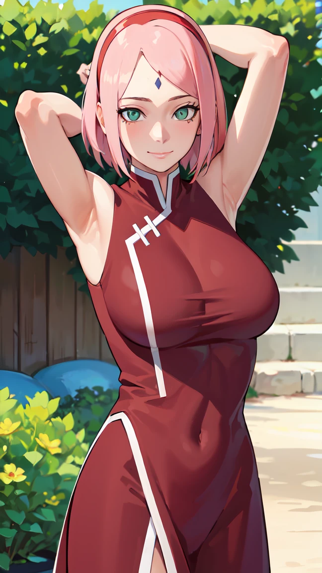masterpiece,stunningly realistic, highest quality, Sharpness,1 girl,Pink Hair,Green Eyes,Sakura Haruno Red sleeveless dress White pants Bracelet Mark on forehead Red hairband Uchiha crest,Medium large breasts,Stabbing in the garden,The sea in the background,(Put your arms behind your head:1.2)、Close-up of a person、Detailed eyes、Detailed face