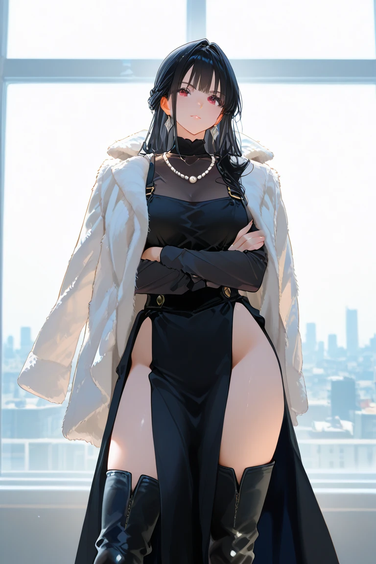 ((Top Quality, 8K, Masterpiece: 1.3)), Sharp Focus: 1.2, Cute Beauty with Perfect Figure: 1.4, Slim Big: 1.2, ((Black Casual Hairstyle, Big: 1.2, Big: 1.2)), (Oversized Shirt, Buttoned Shirt, Open Shirt, White Shirt), (Men's Shirt), (Semi-nude, Ecstatic, Standing: 1.2, Sexy Pose), (( Simple balcony: 1.3 created mainly by women)), very detailed face and skin texture, fine eyes, double eyelids, slave chains, slave collars, harnesses,
