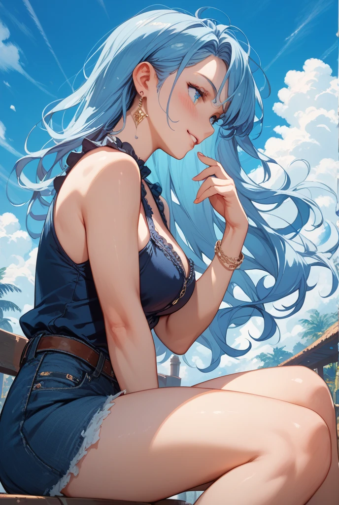 Girl, blue hair, slim body, saree blouse, reflective skin, reflective hair, arabian architecture, open rooftop, dawn, lens flair, high quality anime art, high quality, clean anime art, looking at viewer, smiling, hair blowing at wind, hand on hair