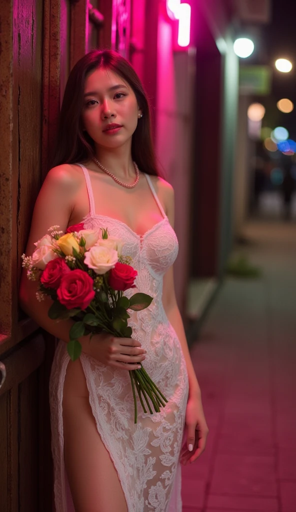 (Nathalie Portman), Ultra realistic photography, ultra detailed 8k, sharp photography, wide angle, full body, in an overflooded manhattan street at night, thunders, small american brunette, hazel eyes 14 years old, slender body, wet body, very detailed face, escaping, frightened, apocalyptic vibes