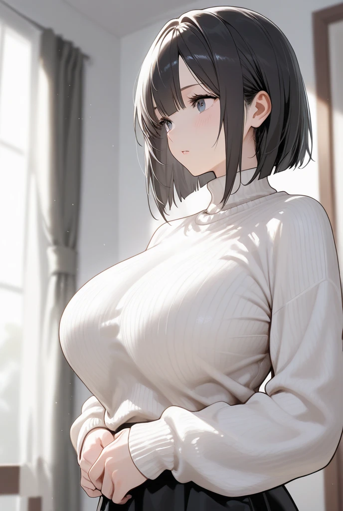 (best quality), (Super detailed), (Best Illustration), (1woman), look at viewer, from side, (off shoulder top), (Big Breasts:1.2), {brown hair, (bob cut:1.2), curly hair, hairs between eyes}, {(detailed eyes), heart-shaped pupils, blue eyes}, blush, sweat, steam, earrings, navel, white hairband,