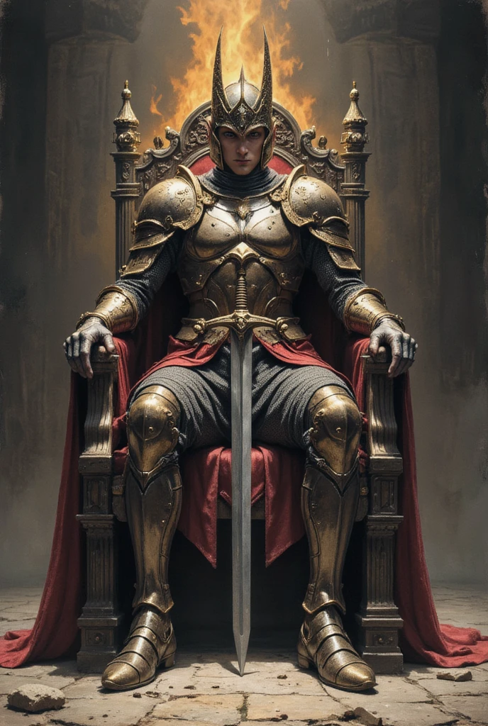Opa, all is well? I need you to make a model of Elden Ring, This is a knight in the style of Godfrey, meet Godfrey? He will have the cape that Blaidd uses., and he will use Ranni's moon sword. He's going to be shirtless, and with armor pants, he will be very strong like this, will have black hair and a short, tangled hair style, And he will have 2,30m tall and will be sitting on the Elden lord throne at the end of the game and will be Ranni's consort
