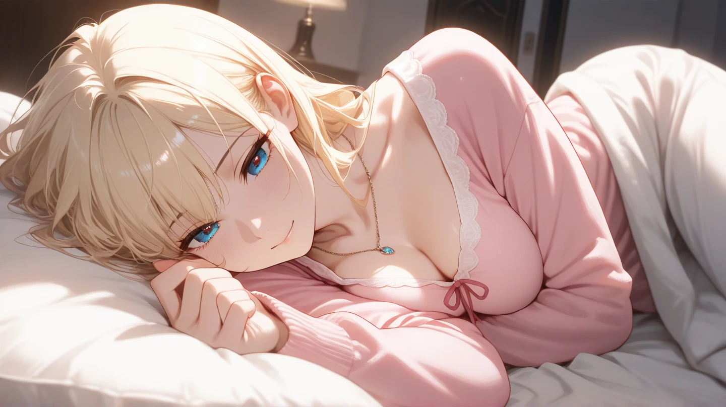 Absurd, Super detailedな,(In 8K:1.3),Masseter muscle area,(masterpiece:1.2)、(Highest quality)、4K、Super detailed、(Movement Structure:1.4)、(Shining Lights、Atmosphere lighting), High resolution, Best Quality、(One girl:1.4),Super detailedな,Bright colors、Treebreak Production Art、(Warm color light source:1.2),High-level image quality、Fine image quality、Intricate details,Volumetric Lighting,Realism BREAK、Profile、 Idol face、15 years old、Very beautiful face and eyes, Beautiful images、natural make up、 big eyes, (lying on bed:1.2)、 (Big Tits:1.2)、(Breast bag:1.2)、(glossy skin :1.5)、(Baby Face:1.5)、curvy body、 (lying on bed:1.2)、 (bed:1.2) 、 (blonde hair,hair bun:1.2)、 polka dot pattern good, polka-dot pattern panties, smile