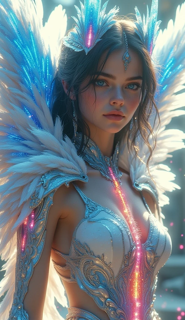 An ethereal female figure，delicated, luminescent wings, surrounded by glowing, magical creatures in an enchanted forest Subsurface skin scattering, Shiny skin, iridescent dress, Detailed background, ([Elizabeth Olsen|Anne Hathaway|Selena Gomez]:0.8), Round cute face, Green eyes, Close-up, Amazingly fine detail, Nikon D850 Film Stock Photo Kodak Portra 400 Camera F1.6 shots, Rich colors, Lifelike texture, Dramatic lighting, illusory engine, trending on artstationh, Cinestill 800 tungsten