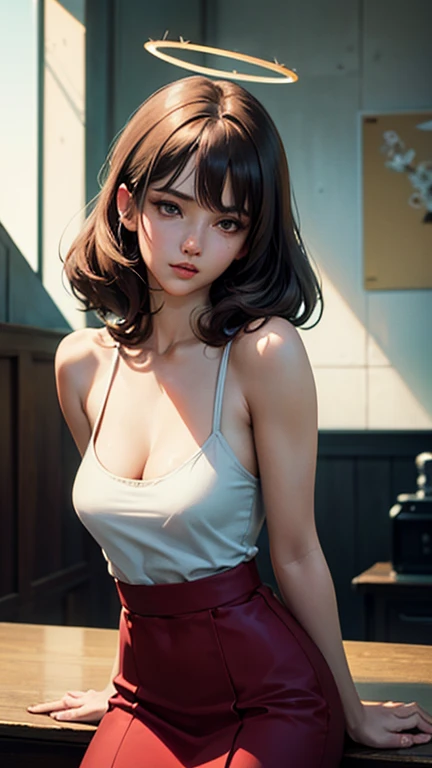 Best quality,realistic:1.4), Original Photo, 1Girl,Cinematic Lightingintense gaze,seductive eyes,short black hair,ancient japanese,Megi era,century,powerful presence,sharp focus,soft lighting,vivid colors,warm color tones,subtle shadows,impeccable details,realistic skin texture,wearing vibrant colored dresses,focus on breast,spread legs in a pink dress, sexy dress, ariola, low cut dress, sakimichan, pink dress,with floral design,wearing vibrant colored dresses with floral design,full body shot