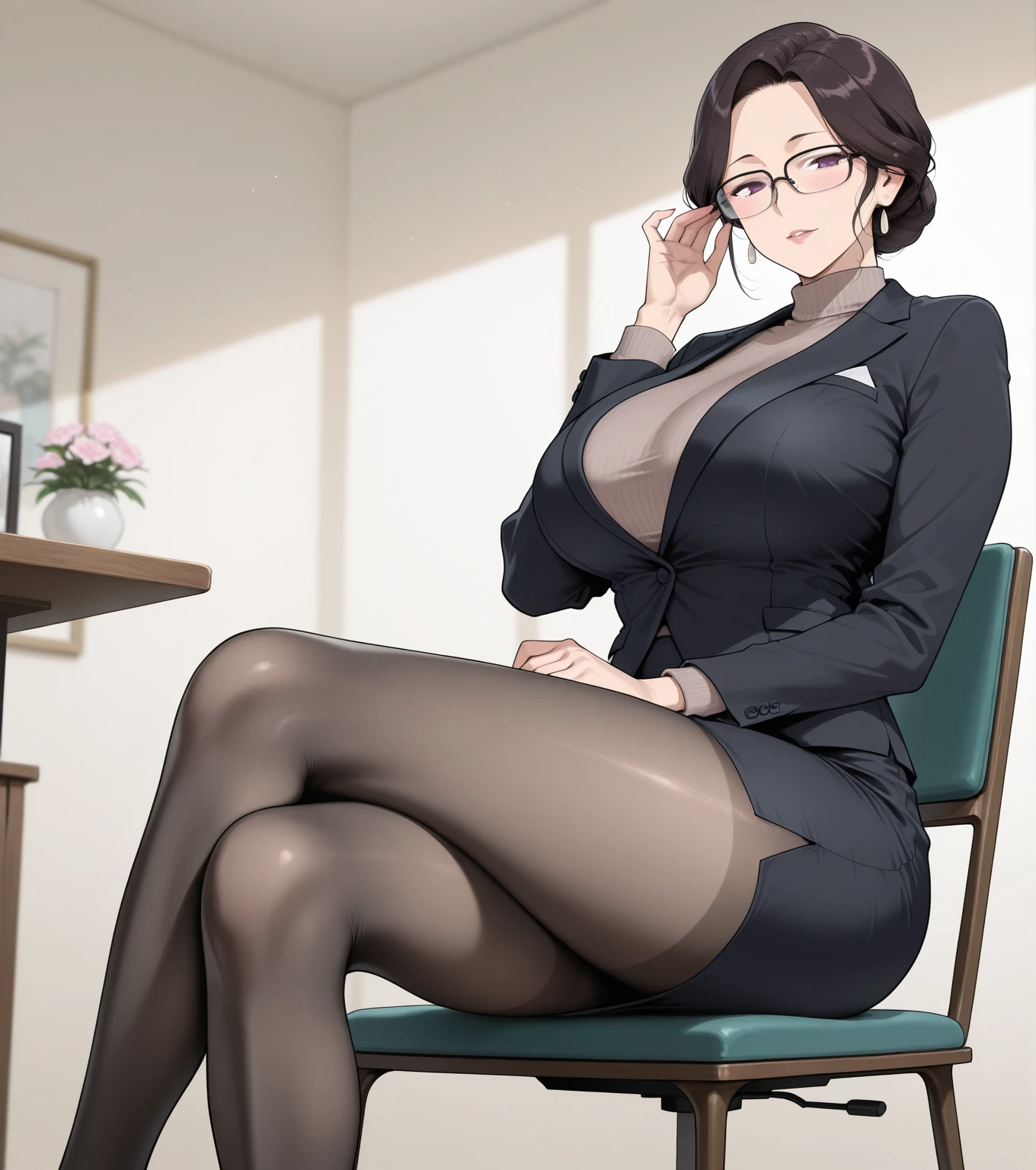 (high quality:1.1), Cinema Lighting, Highly detailed, blooming,
Izumi, Mature Woman, teacher, A girl, alone, Sitting at a table, window, Cowboy Shot,
Look at your audience, Beautiful eyes, Charming smile, blush, Open your mouth,
Brown hair, long hair, Lift your hair, Single hair swallowing, Big eyes, Green eyes, compensation, Glasses, jewelry, Earrings,
Suit Skirt, (black knee socks:1.1), underwear,
Big Breasts, Cleavage, Thighs, Long Legs, Underwear
Complicated and intricate room background, Day, Day光, Cityscape,