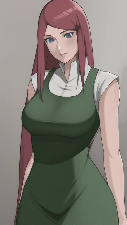 full body, uzumaki kushina, Kushina Uzumaki, masterpiece, high quality, UHD Quality, 4k Quality, perfect, perfection, perfect all,
long red hair, hair ornament, swept bangs, gray eyes, hairclip, perfect face, perfect body, perfect hair, expressive eyes, Soft smile, perfect waist, blushing, green dress, white tiny short sleeves, collar