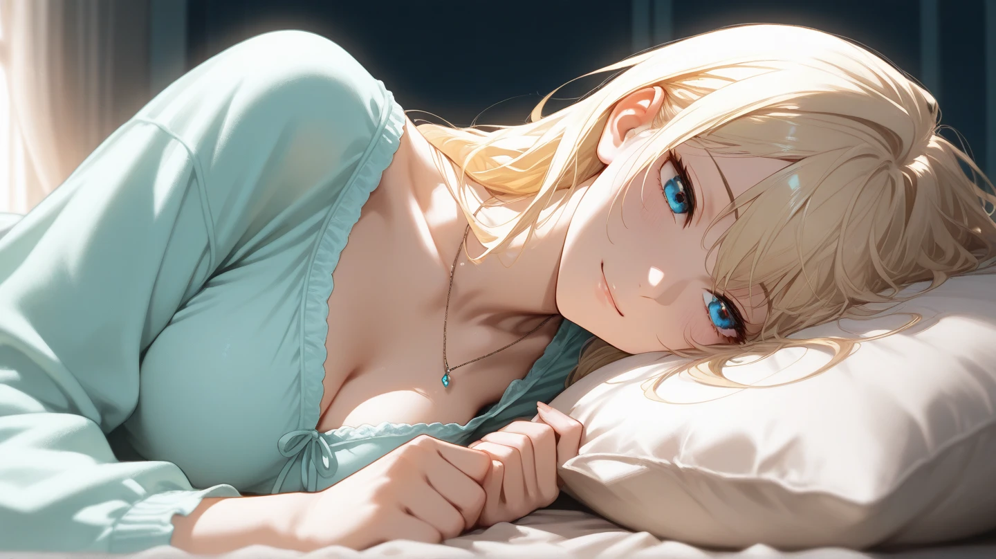 Best Quality,High resolution,8k,finelity detailed background,Masterpiece:1.2),beautiful girl,Glossy blonde,crossed bangs,Khaki Eyes,Gentle look,A refreshing look,smile,Best quality,Best Quality,Aesthetic and aesthetic:1.2,Best details((Super detailed))(High-definition CG illustrations),Upper Body,Dark grey underwear, (dark gray),Slender body,night,moon,Bedroom,On the bed,smile,blush,cute,Scrounge,Looking up,Being spoiled,super model,wariza,shoot from,below