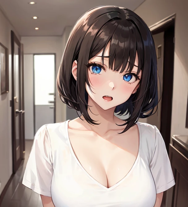 (((head shot))), ((from above)), frame in, from right in front of face and body, view straight on, upper body, High quality, very high res, High quality, very high res, cute girl, brown hair, forehead, blunt bangs, bob cut, blush, Brushed up bangs, wearing a plain t-shirt, shirt lift, medium breasts, pale pink nipples, I can see your belly button, (kneeling down pose) ,(1boys), ((pov short penis tip)), (fellatio), (mouth wide open), ((Deep Throat)), holding penis with one hand, at office