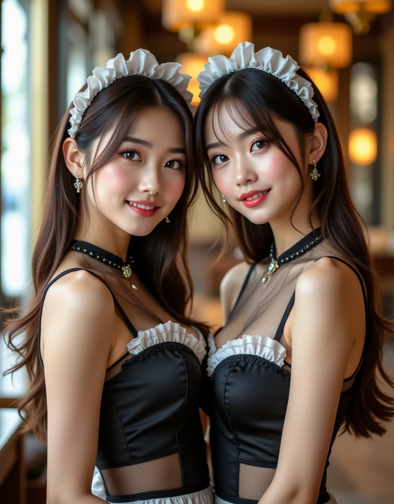 (Photography)(dynamic) Show two slightly chubby Malay females. One has long straight hair, one has short bobcut hair. In French maid costume. Cleavage. Gloves. Stockings. Sexy. Not smiling.