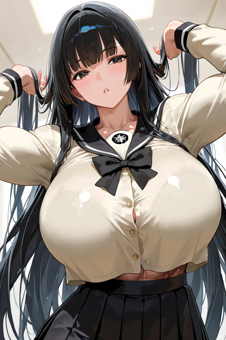 ((masterpiece、high quality、High resolution、4K, 8K, Blue archive official art)),detailed person、detailed face、detailed eyes、fine eyes、 , revealing clothes, (white virgin killer sweater:1.5), big breasts、beautiful thighs、big breastsの谷間、mature pretty woman、transparent eyes、heavy makeup、sexy、(slender body and limbs,), angle from above、((on the bed))、mole around the mouth、((clear eyes、double eyelid、red eyes、long black hair、big breasts))、((character Tsukatsuki Rio - Blue Archive))、look up、angle from below