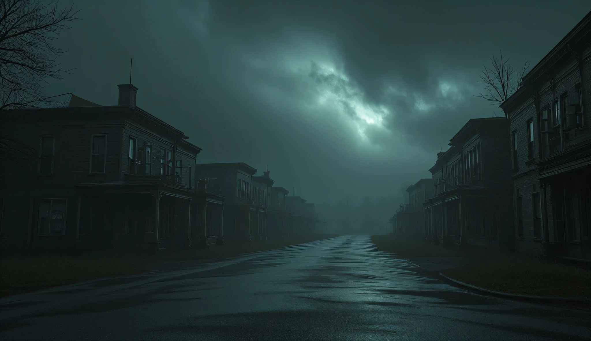 Nightmare, an abandoned town in the style of Silent Hill, darkness, fog, no light, spooky, lifeless, abandonment, liminal street background, dark surrealism, high detail, masterpiece.