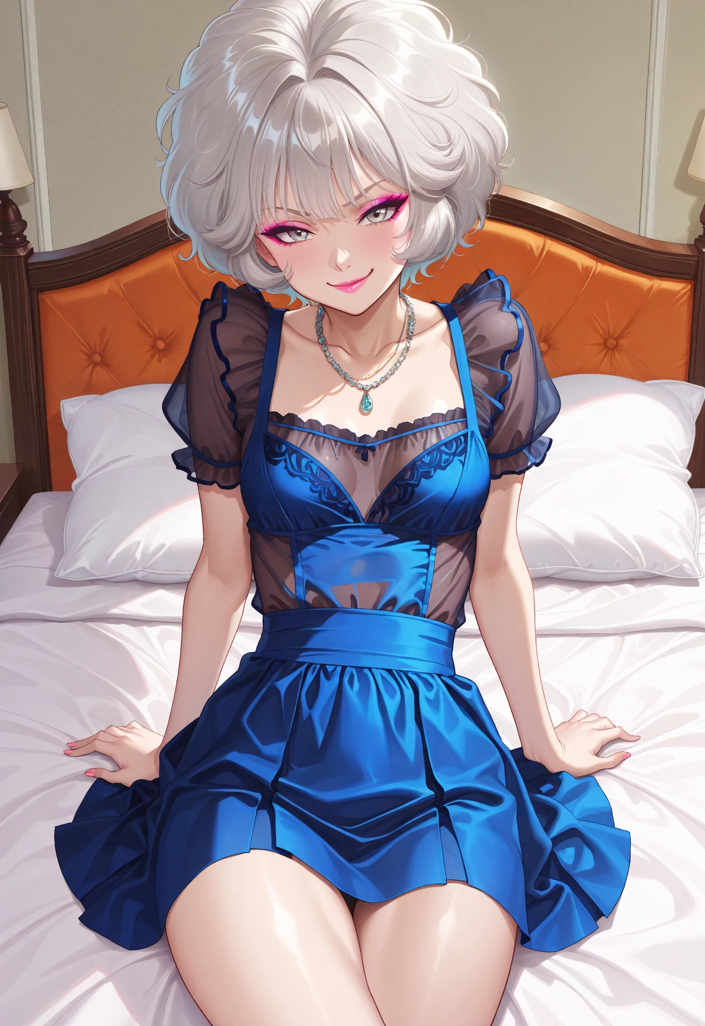 masterpiece, best quality, high resolution, highly detailed, HDR, intricate detail, ultra detailed, tall muscular woman with short white hair, blue eyes, hourglass body shape, wearing blue negligee, large breasts, sitting on bed, <lora:hourglassv01:1> <lora:negligee_v0.1:1>