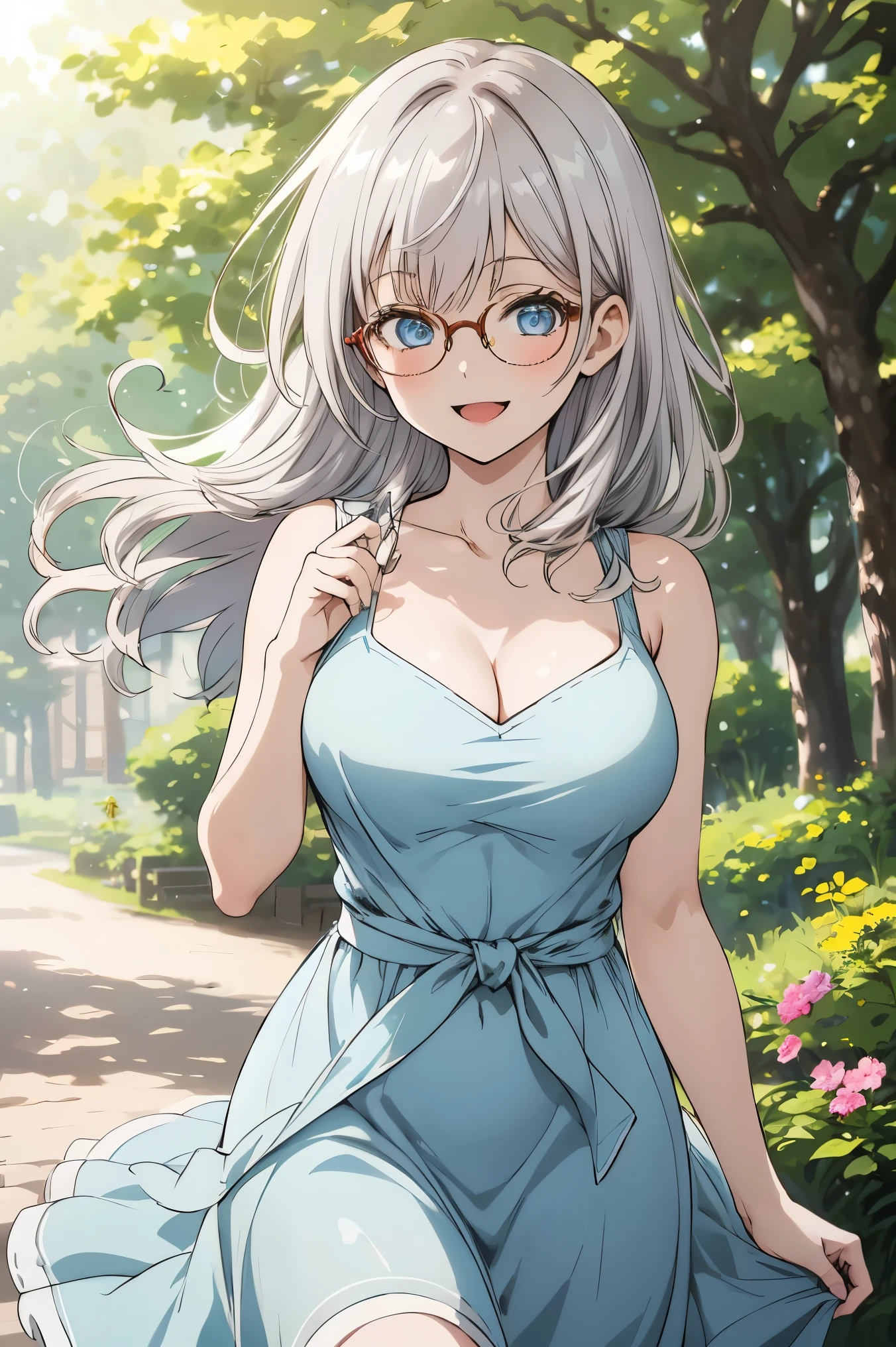 High quality, high definition images, full HD、8k.1 girl solo in a park,, round sunglasses, white hair, long hair blue eyes, gray fashion dress 24 years old, mature girl cloudy weather, chance of rain jewelry, heels, surprised, perfect anatomy, perfect body, perfect face, close view, half body view