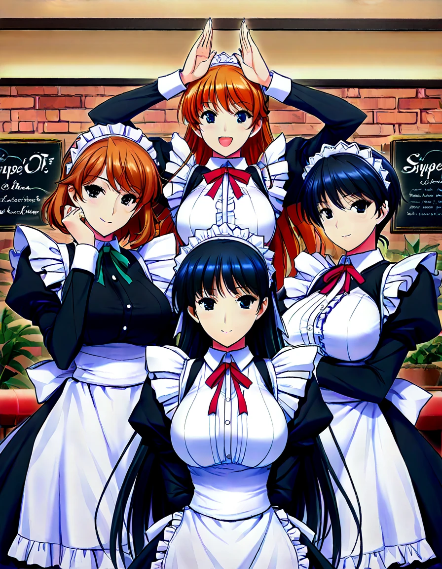 masutepiece, Best Quality, Airlib 4,  thighs thighs thighs thighs, black thighs thighs thighs thighs, Apron, zettai ryouiki, maid, Maid headdress, cleavage, Wrist cuffs,4 girls with different hairstyles
