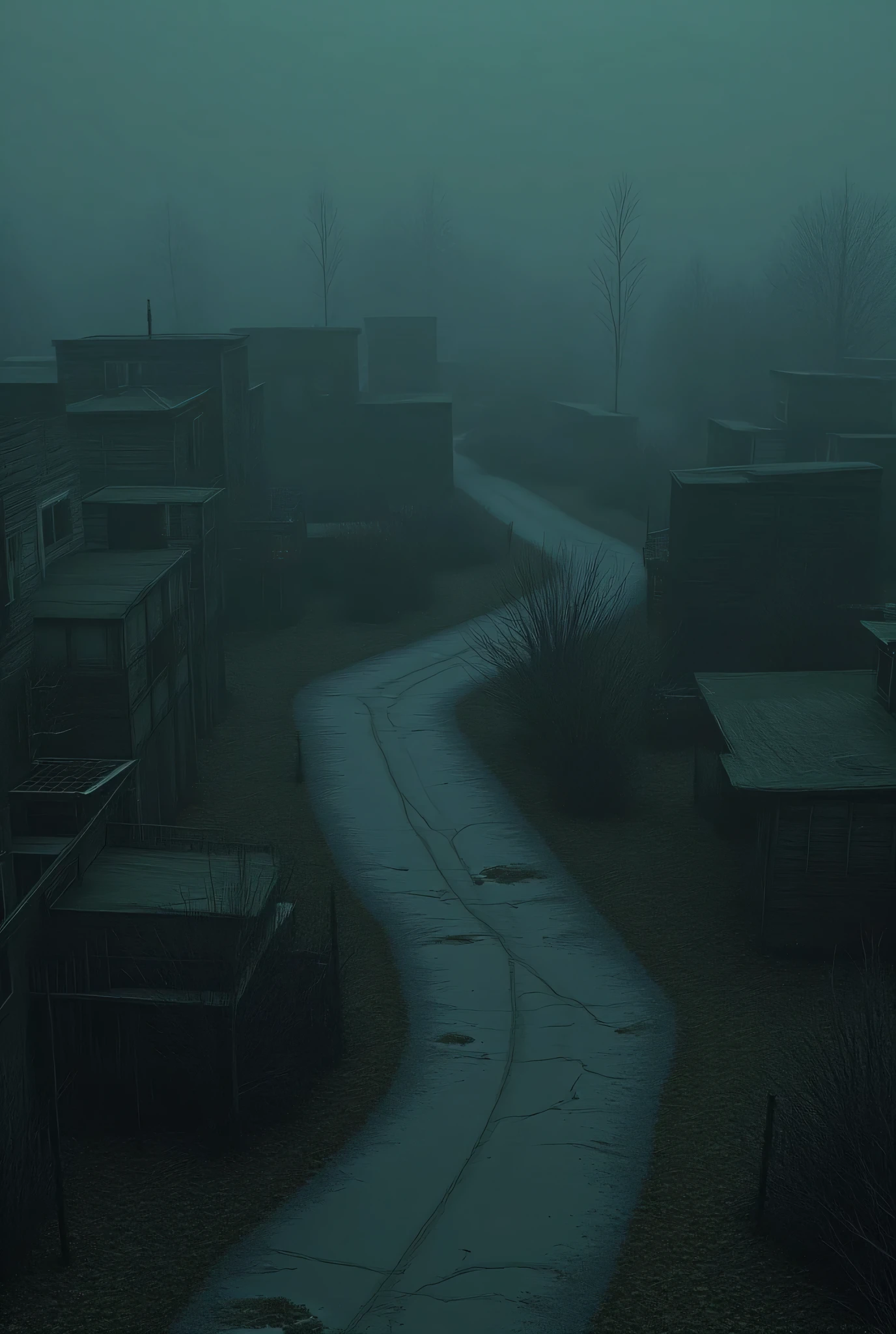 Nightmare, an abandoned town in the style of Silent Hill, darkness, fog, no light, spooky, lifeless, abandonment, liminal street background, dark surrealism, high detail, masterpiece.