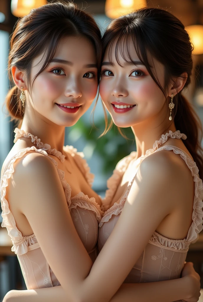 (2girl:1.3), gorgeous beautiful & elegant, (beautiful portrait of two women:1.25), (best quality, masterpiece:1.2), (photorealistic:1.2), 16K, absurdres, beautiful eyes, (light brown hair, random hair style), (hug each other:1.2), (seductive smile:1.2), (dynamic lighting), (upper body), highly detailed, (close-up:1.1), Attractive 2 Japanese woman Pictures, 
