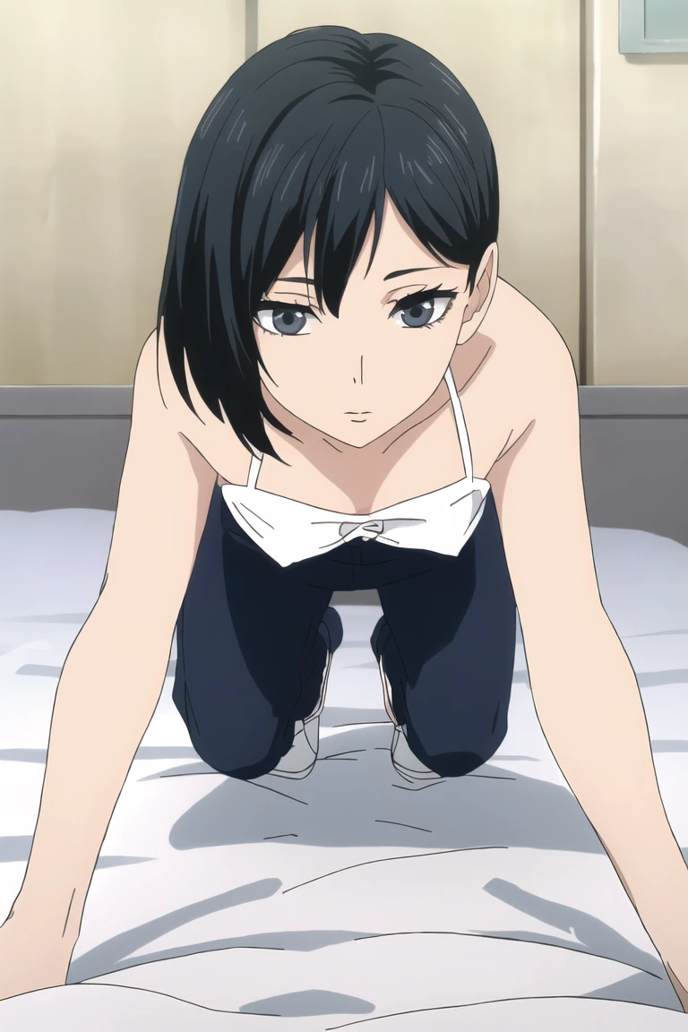 anime cloth capture, citys, 1 girl, standing alone, shorth hair, Bblack hair, purples eyes, gazing at viewer, hair between the eyes, Lewd, cloused mouth, in this, Broad Hips, short top, short shorts, unbuttoned shorts, squatting down, legs spread apart, erotism, rug,ssmile,face red,legging branca

