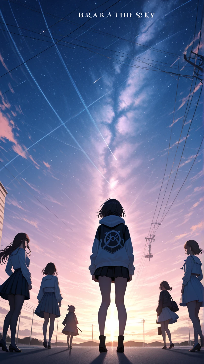 Vast starry sky, beautiful skyline, large grassland, extremely tense and dramatic picture, slender legs, small white shoes, moving visual effects, hanging North Star, colorful natural light. Long-sleeved blouse, denim shorts, a teenage girl carrying a backpack.