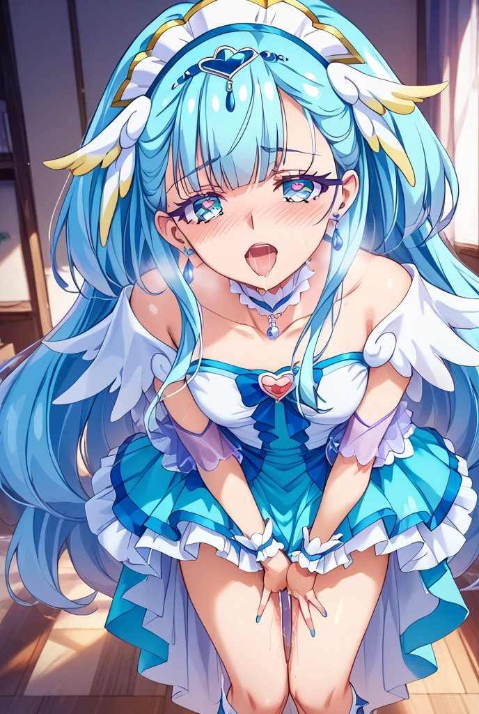(masterpiece, best quality), best quality, (ultra-detailed), (3heads:1.5), 1girl, (mai:1.3), masterpiece, best quality, ultra quality, ultra resolution, ultra detail, light pink top, crop top, ((stomach)), midriff, ((groin)), light pink skirt, normal ears, shackles, blue hair, very long hair, wavy hair, pigtails, light-blue eyes, parted lips, detailed eyes, sweat, cute, toned belly, hand on own chest, eyelashes, (24 year old woman:1.3), (masterpiece:1.5), (best quality:1.5), (beautiful detailed), extremely detailed CG, extremely delicate and beautiful, depth of field, (finely detailed face), (perfect details:1.2), (mature female:1.3), wide pelvis, slender, large veiny breast, 16k resolution, highres, very high quality, very high definition, extremely detailed, masterpiece, blue hair, long hair, alluring presence, braid, short skirt, close up, big tits, young, light pink bow in her hair, small light pink wings, (girl with three heads),
