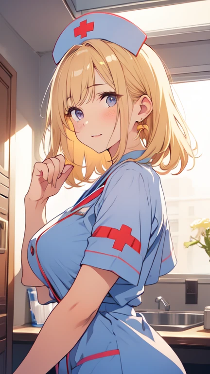 (Best Quality:1.5, High resolution, HD, 4k, detailed lighting, Shaders, perfect hand anatomy), straight blonde hair, busty, nurse costume, neckline, thighs, smiling, to throw, shooting they seek, standing, Hospital history