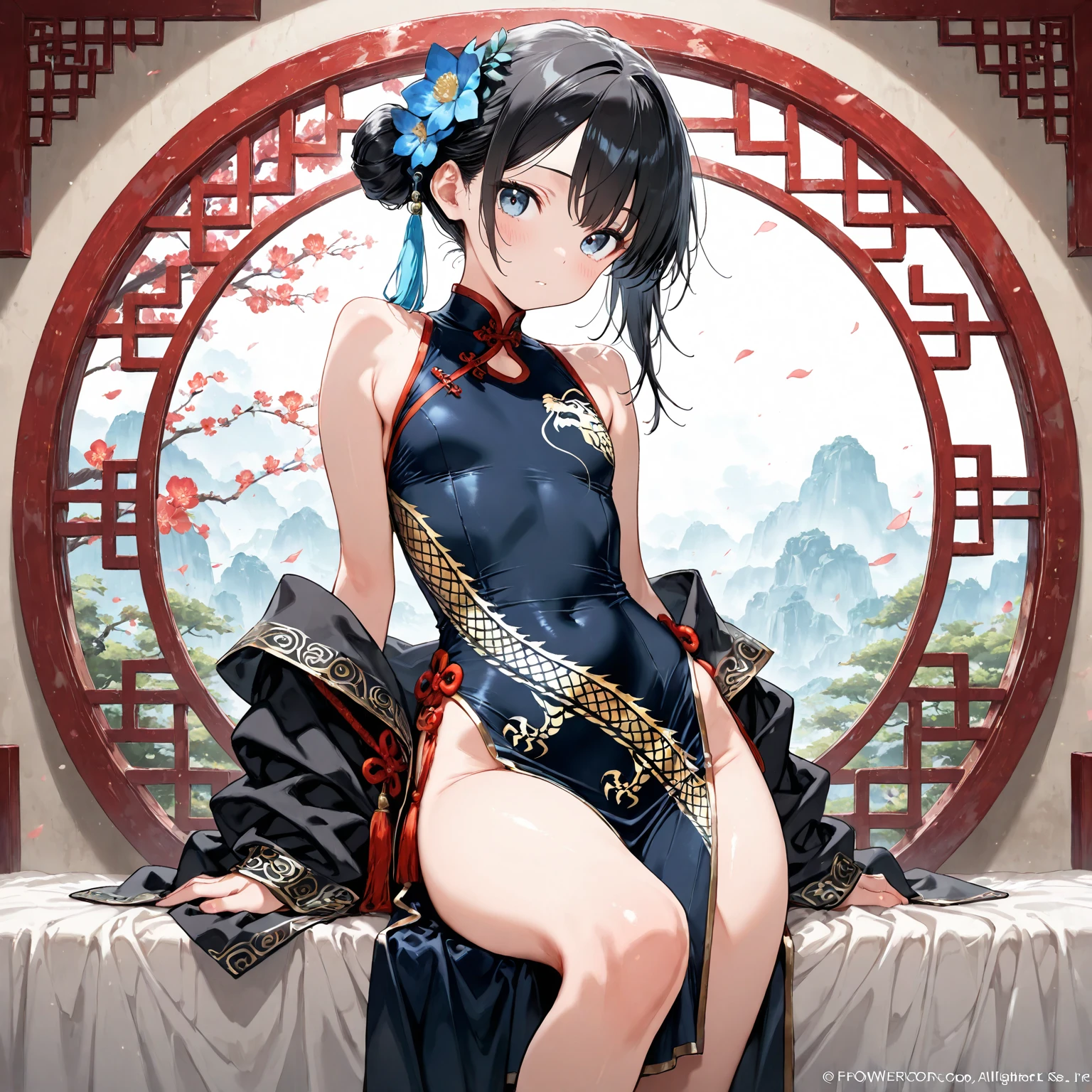 ((high quality anime, 8k,masterpiece,Perfect Anatomy)),cowboy shot,1 female,(beautiful detailed face and eyes,gorgeous eye:1.3,black eyes),master of success、The perfect 20 years old,Black Hair、Straight hair,blunt bangs,twin bun,hair flaps, smile,small breasts,small face:1.5,slender body,skinny,Sexy Chinese Dress、Thigh、Lots of exposure、Deep slit、The fighting attitude of kung fu、Arena、Outdoor、