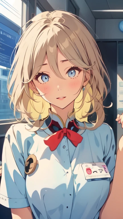 ((Best quality, 8k, Masterpiece: 1.3)), Highly detailed face and skin texture, Detailed eyes, textured skin, highres, nurse, hospital, nurse cap, smile, blue eyes, blonde